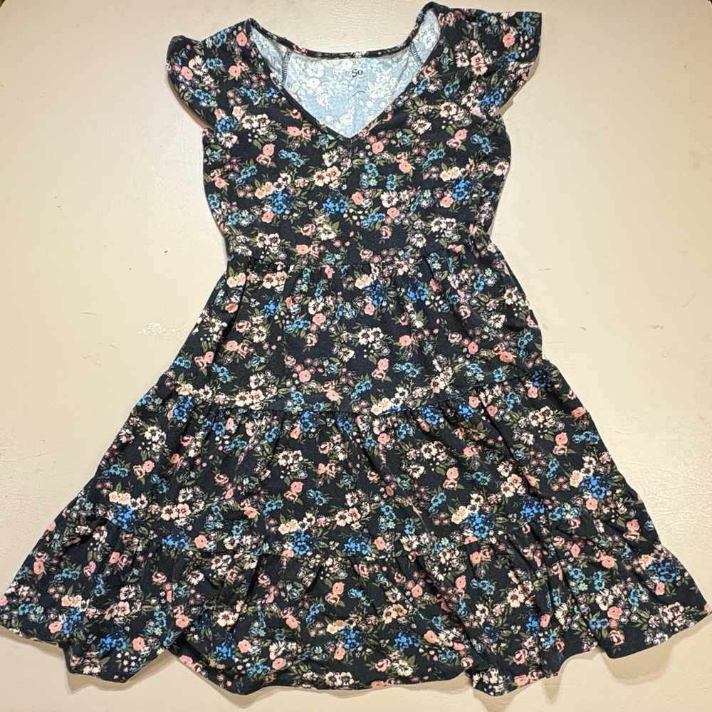 SO Floral V-Neck Dress - Black with Blue and Pink Flowers